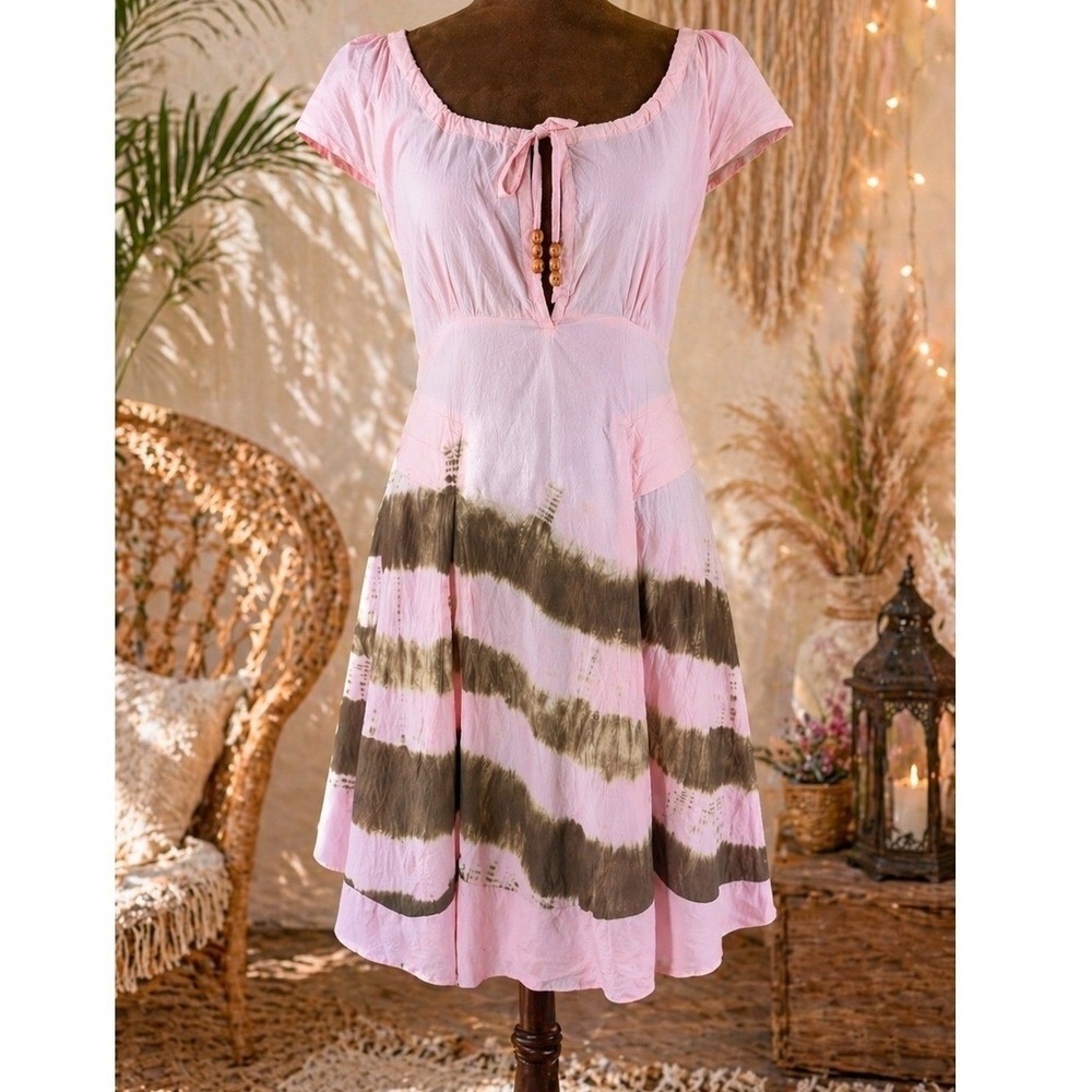 haudry KC Tie Dye Midi Dress Women Medium Pink Brown Boho Festival Deadstock NWT